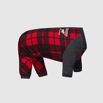 Frosty Fleece Dog Sweatsuit in Red Plaid, Canada Pooch Dog Sweatsuit || color::red-plaid || size::na