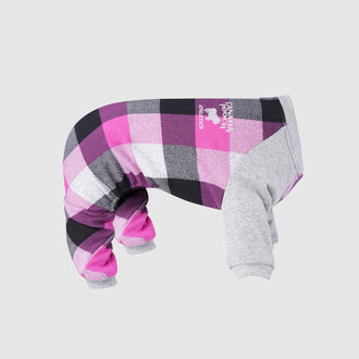 Frosty Fleece Dog Sweatsuit in Pink Plaid, Canada Pooch Dog Sweatsuit || color::pink-plaid || size::na
