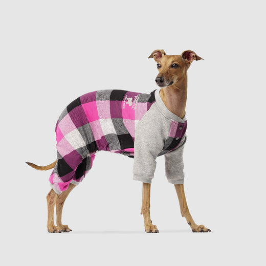 Frosty Fleece Dog Sweatsuit in Pink Plaid, Canada Pooch Dog Sweatsuit