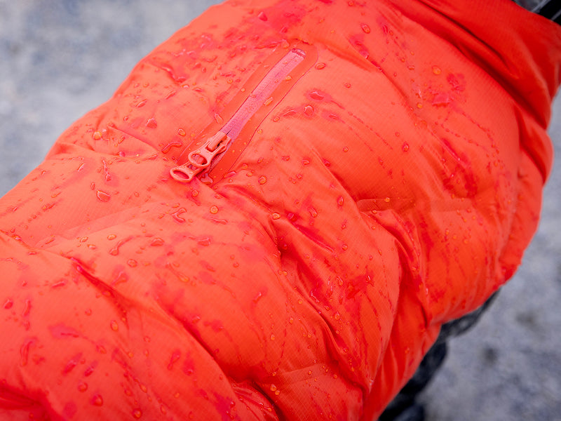 Close up details of the Waterproof Sport Puffer in cayenne from Canada Pooch