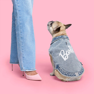 Barbie Downtown Denim Vest in Acid Wash Blue, Canada Pooch Dog Vest|| color::acid-wash-blue|| size::14|| name:: Mini the French Bulldog|| weight::21