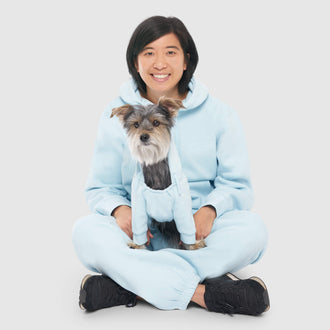 Soft Side Sweatsuit in Blue, Canada Pooch Dog Onesie|| color::blue|| size::12|| name:: Logan The Miniature Schnauzer|| weight::11